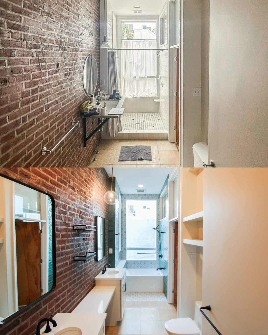 Before-and-after bathroom transformation showing the same narrow space before and after remodeling by dRemodeling