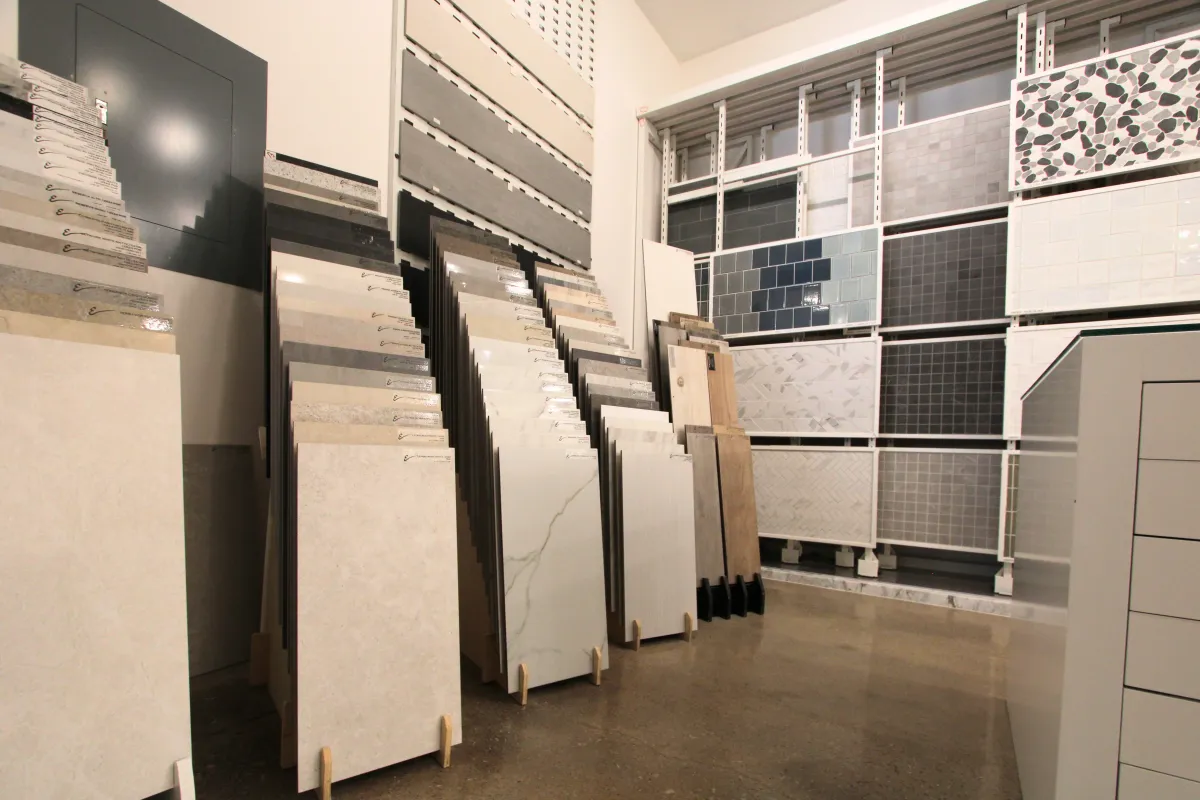 Tile selections displayed at the dRemodeling showroom.