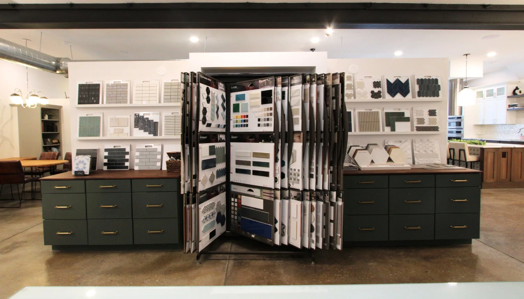 Tile cabinetry hardware and finish samples at the dRemodeling showroom