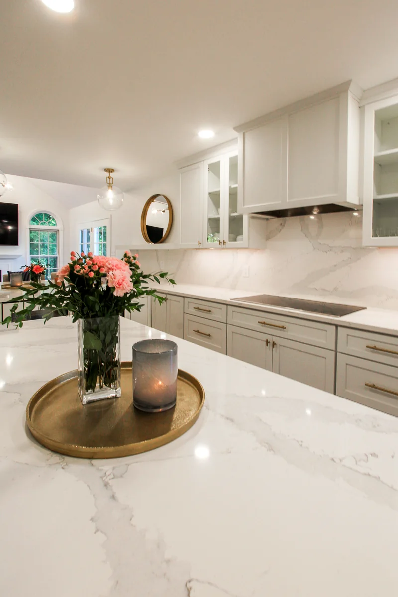White quartz countertops and custom cabinetry in an Ambler kitchen remodel by dRemodeling