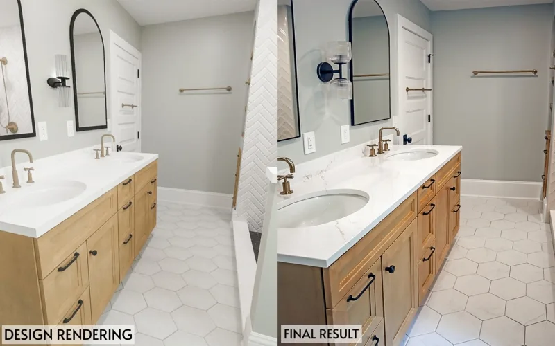 Design rendering beside the completed bathroom, showing a wood double vanity, arched mirrors and white hexagonal floor tile.