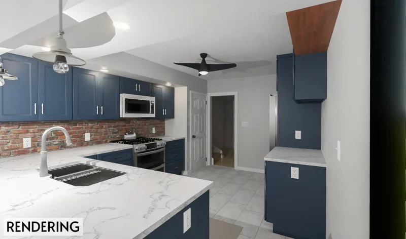 Stylish Navy Kitchen Remodel with Brick Backsplash | Ambler, PA